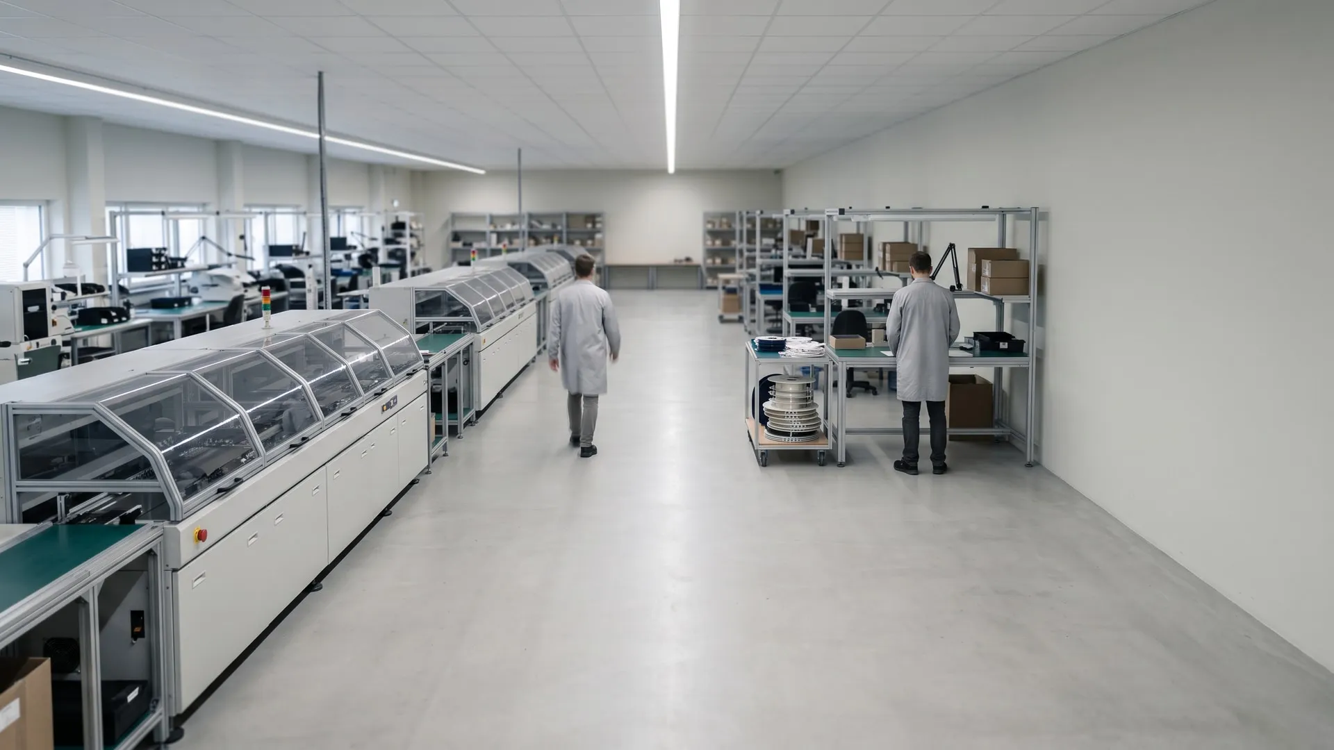 Übersicht der Fertigungshalle mit mehreren Produktionslinien und dem freien Mittelgang.