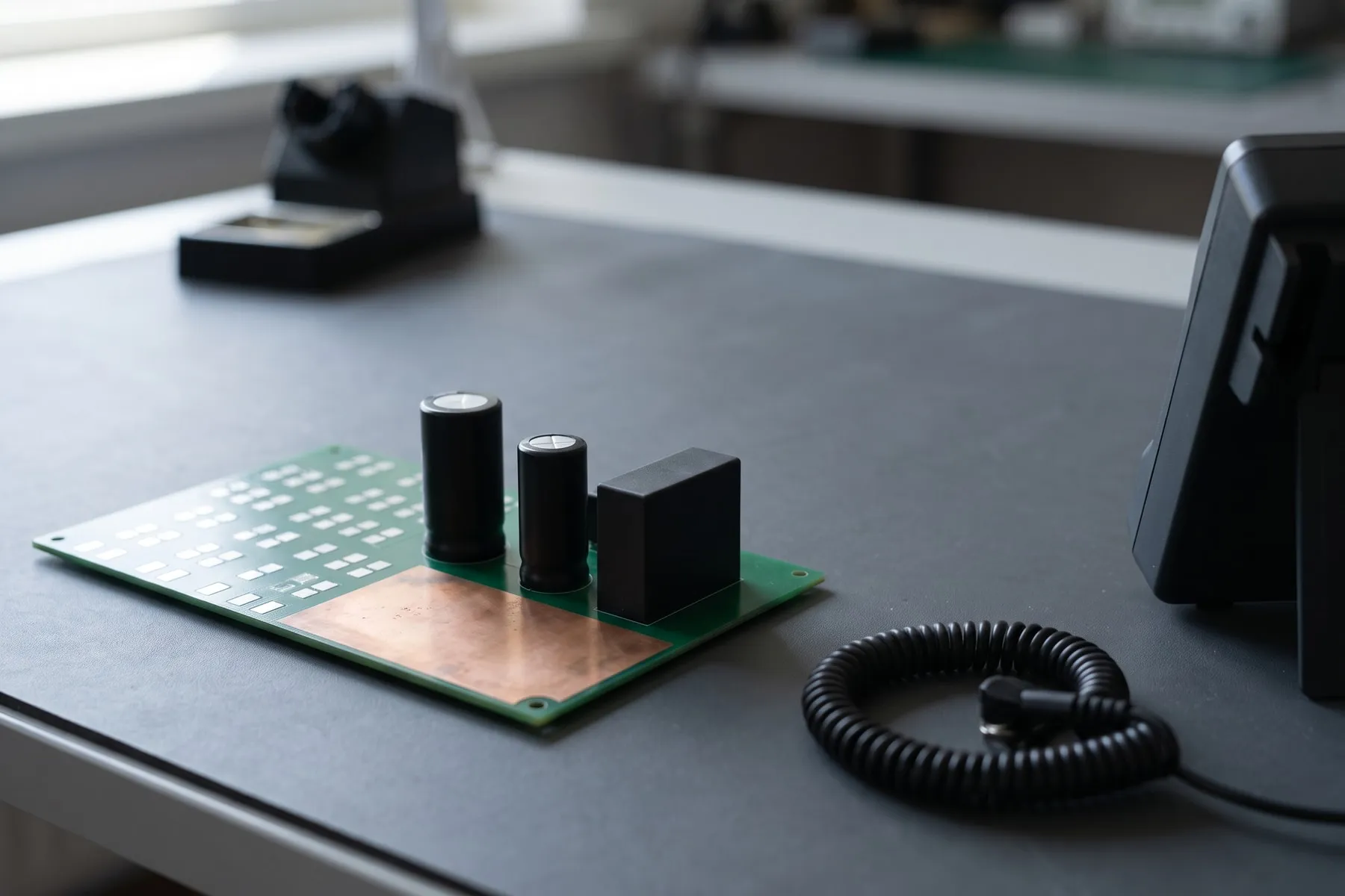 Handbestücktes Prototypenboard auf der Werkbank mit zwei Elektrolytkondensatoren und einem Relais, im Vordergrund ein aufgerolltes ESD-Handgelenkband.