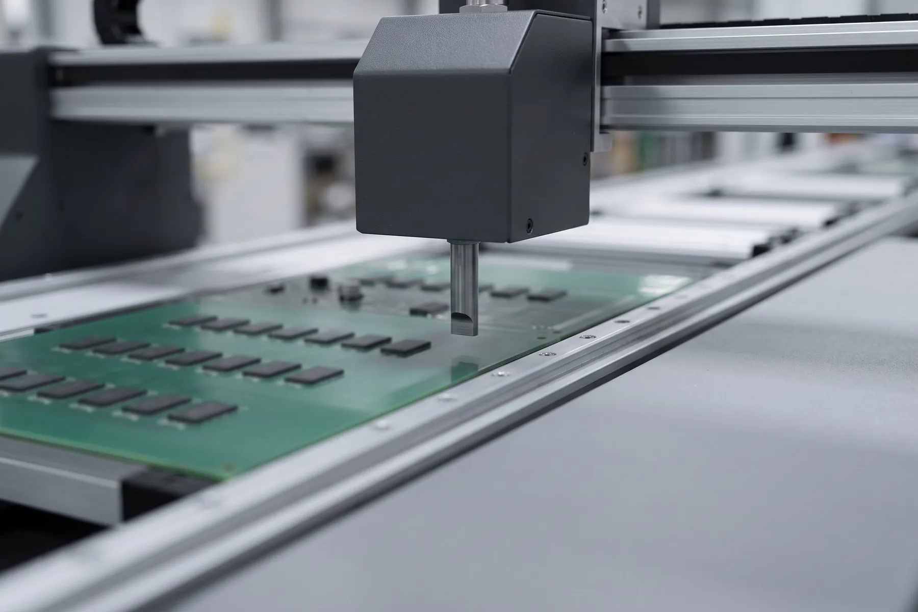 Bestückkopf einer Bestückungsmaschine schwebt im Anflug über einer teilbestückten Leiterplatte mit SMD-Bauteilen in Reihen, im Hintergrund die Führungsschiene der Linie. Mit KI erzeugtes Bild, keine reale Aufnahme.